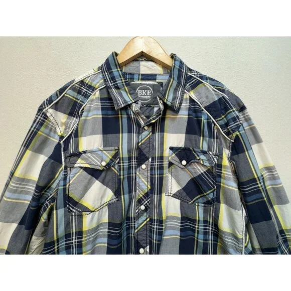 BKE Mens Athletic Fit Button-Up Shirt Sze L Navy/Yellow Plaid Casual Long Sleeve - Picture 4 of 10
